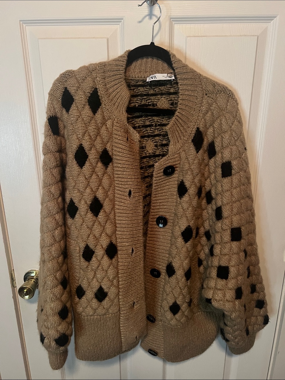 Zara Tan Cardigan with Black Argyle Diamond Pattern